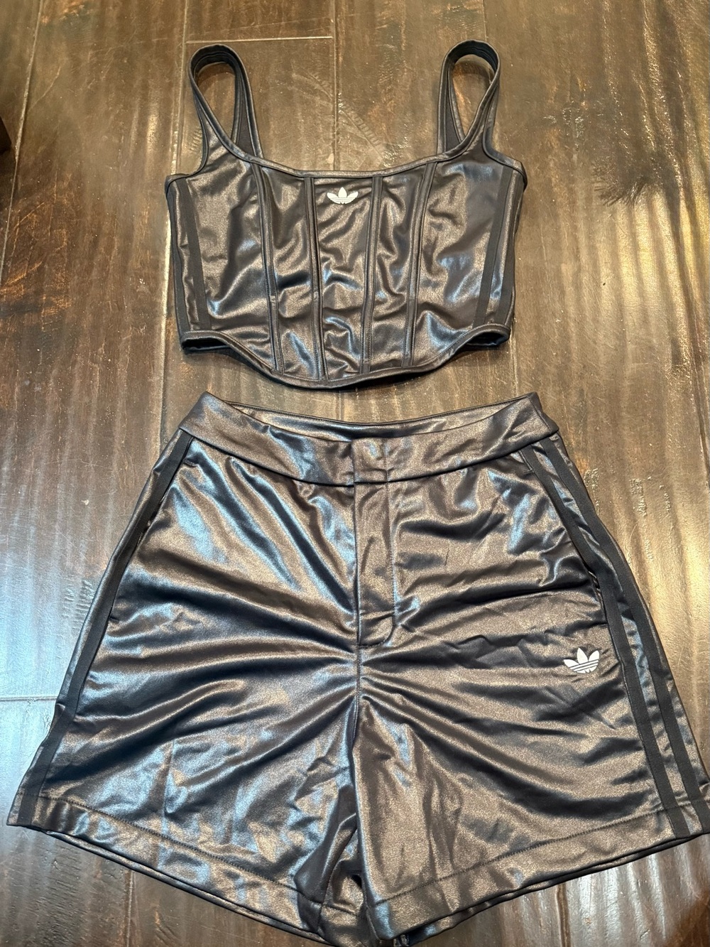 adidas Metallic Black Crop Tank and High-Waist Shorts Set